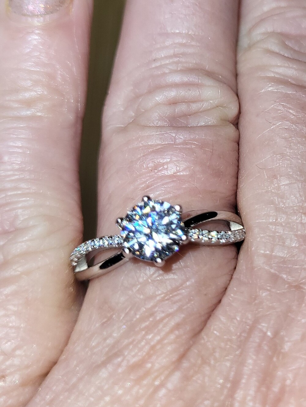 1.10CTW Round Cut Moissanite Solitaire Engagement Ring in Silver with Pavé Band